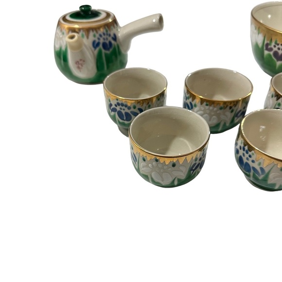 Vtg Kutani Tea Set of 7 Shobu Yunomi Yaki Gold Gilt Green Blue Tea Pot Cups Bowl - Picture 2 of 16
